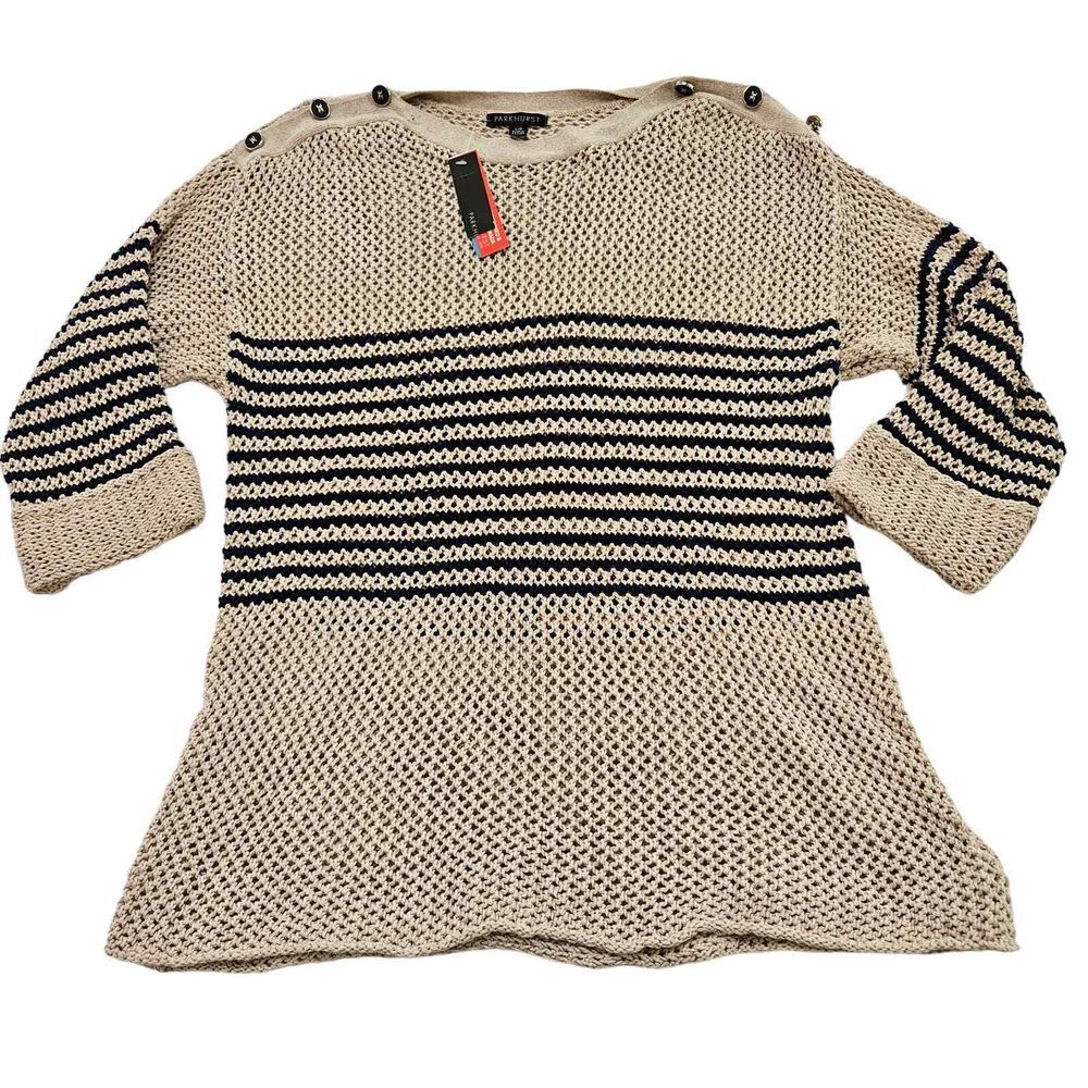 Parkhurst Womens Cotton Open Knit Striped Beachy Sweater Boat Neck Tan Navy Sz L